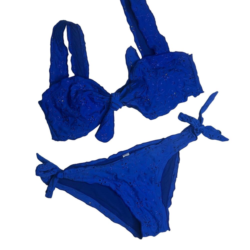 PINK LADY Embroidered Floral Eyelet Tie Knot Bikini 2-Piece Set Blue Size L/XL